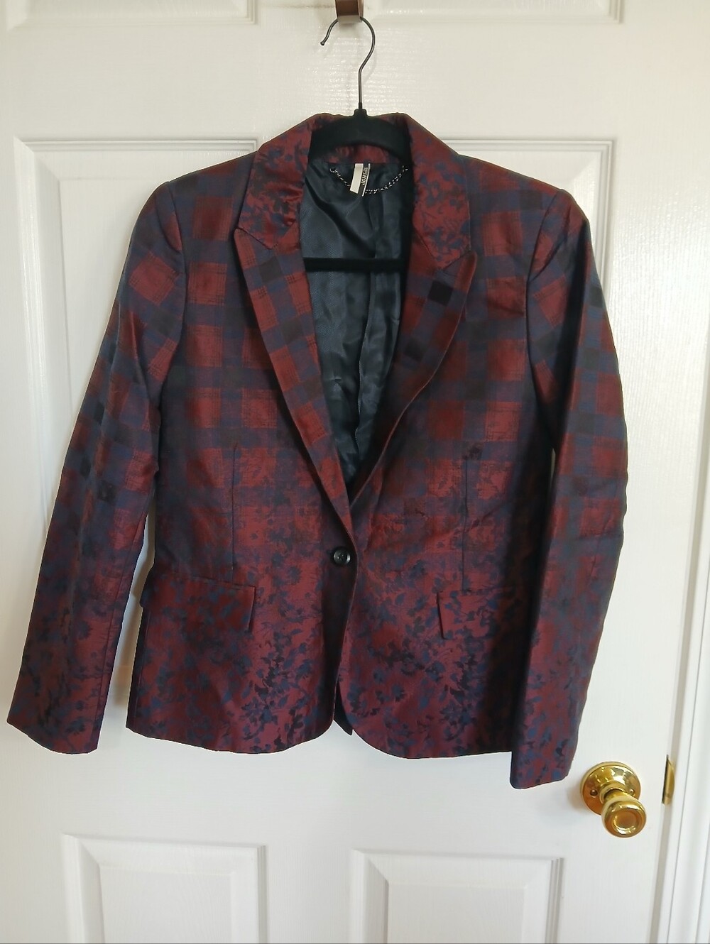 Topshop Red and Blue Plaid Womens Blazer with Jacquard Detail Career Business